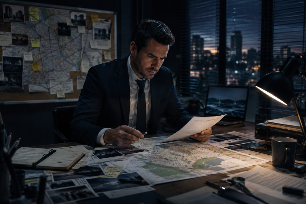 detective privado en Colombia analizando información de una investigación.