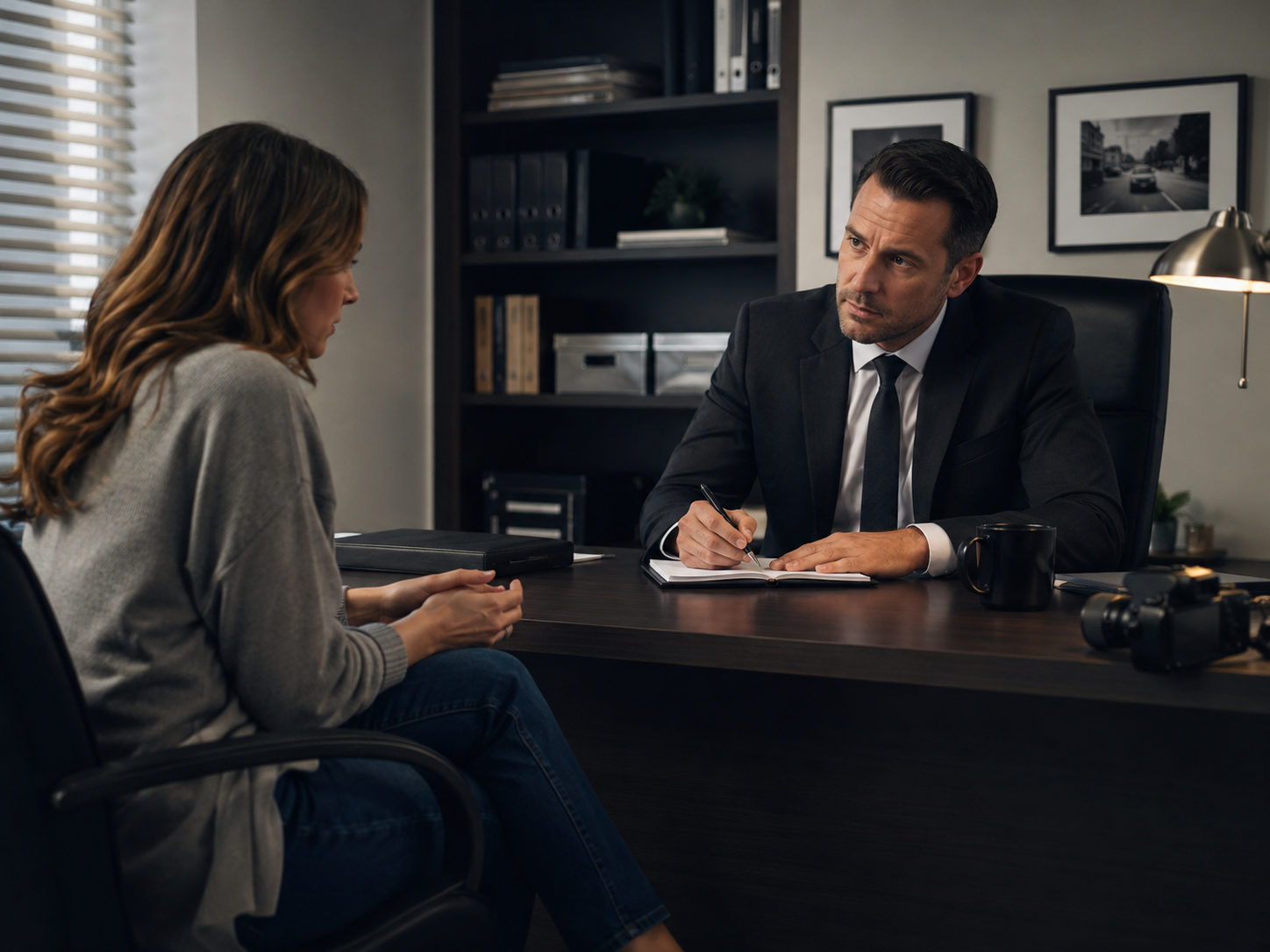 hablando con el detective privado acerca de las sospechas de infideldiad de su apreja