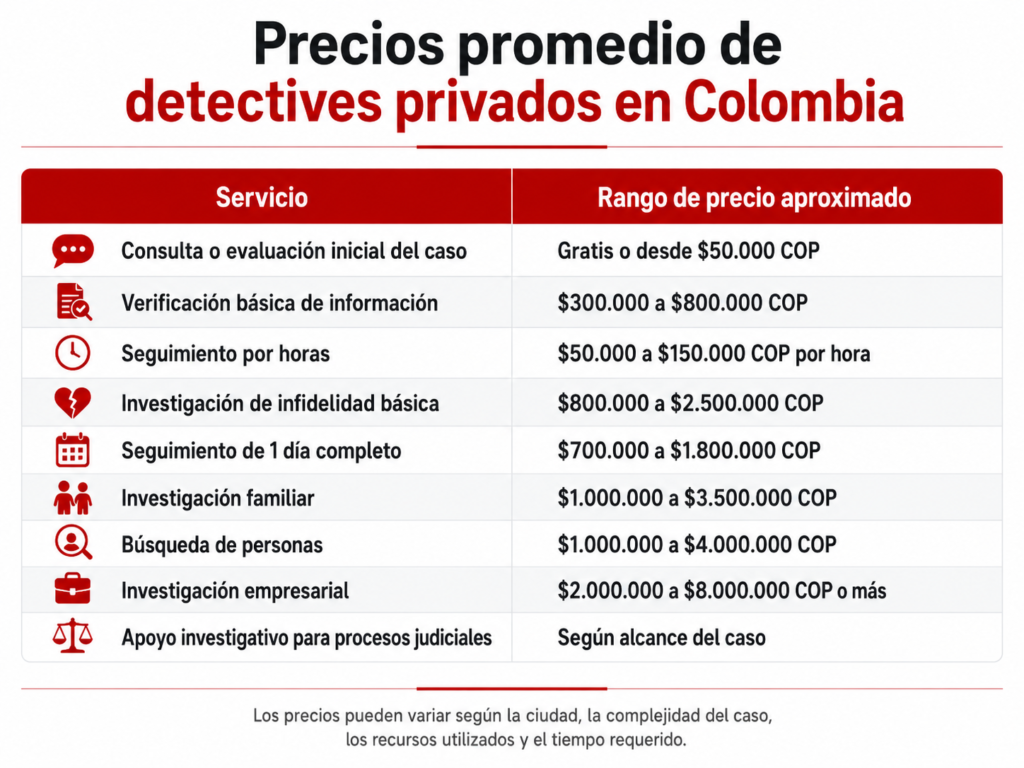 precios promedio de detectives privados en Colombia.