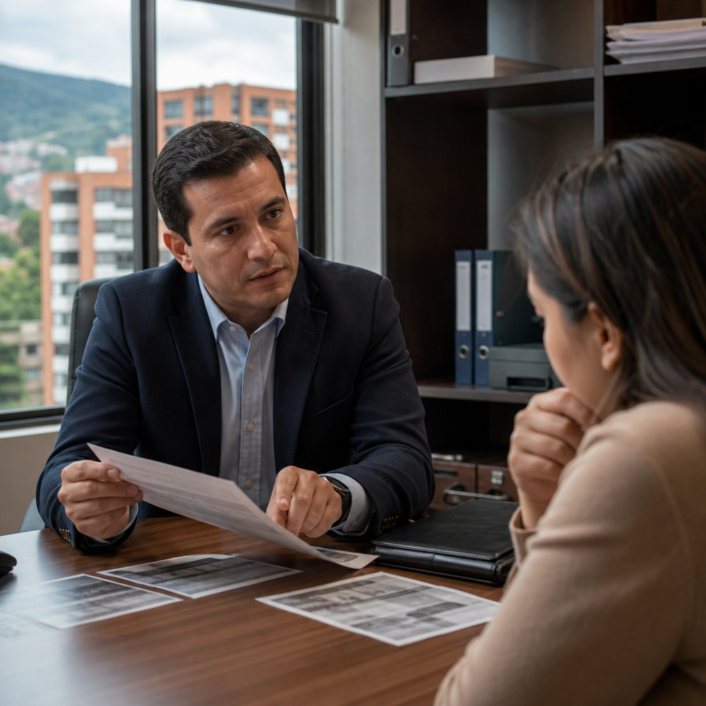 Abogado explicando a un cliente cómo contratar un detective privado legal y confiable en Colombia