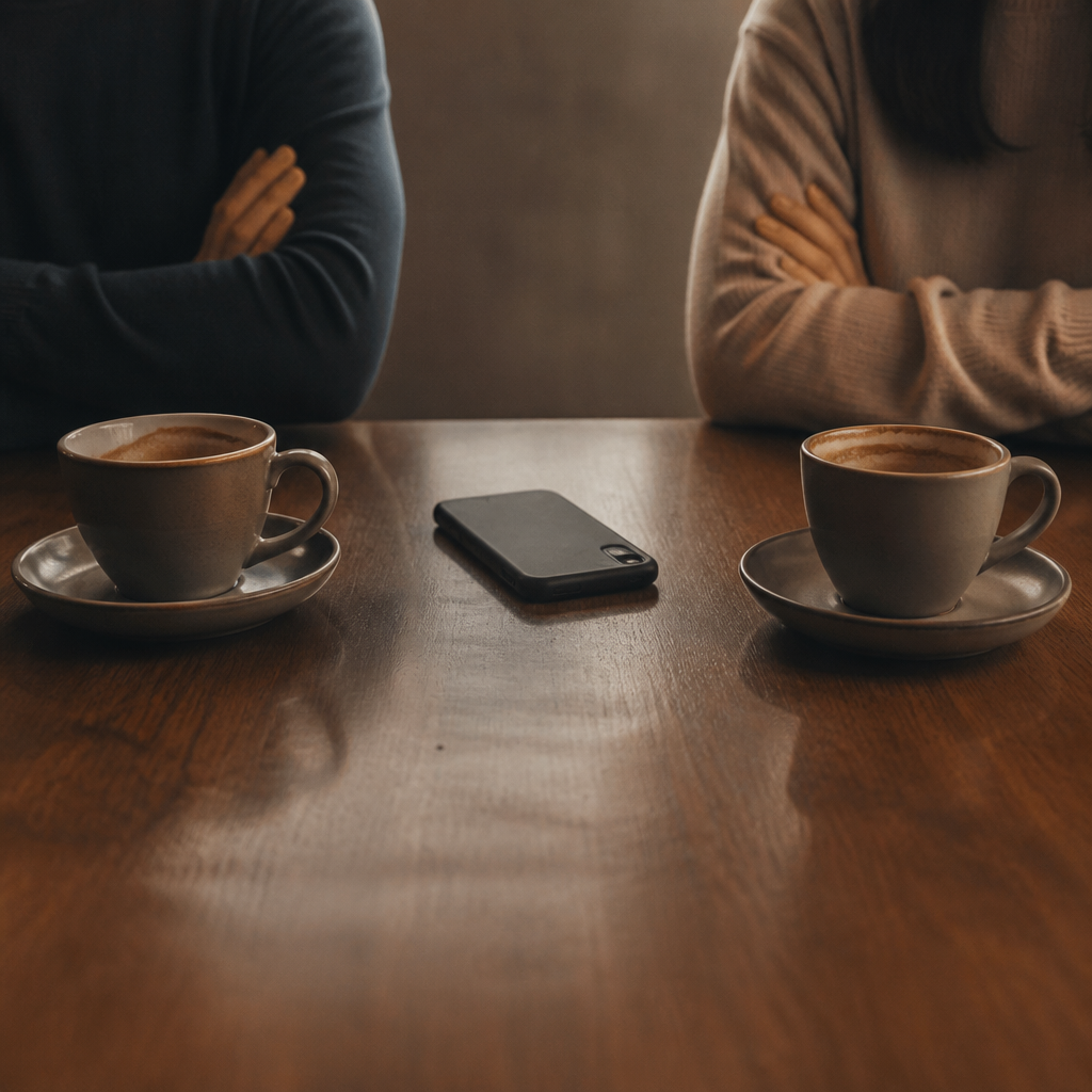 Señales sutiles de cambio en una relación de pareja, celular boca abajo en la mesa